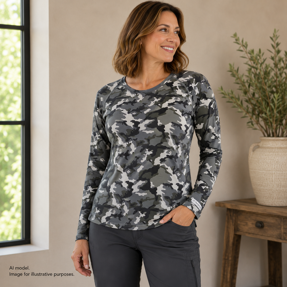 Terramar Shirt Womens Large Gray Camo Long Sleeve Stretch Thumbholes Base Layer